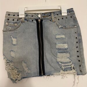 Signature8 Light Blue Distressed Denim Mini Skirt with Front Zip